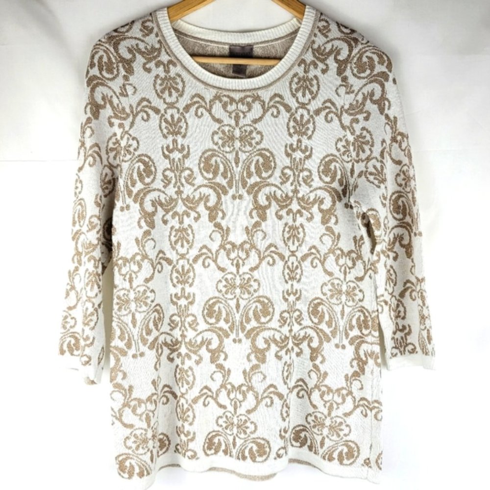 Chico's Easy Wear 3/4 Sleeve Gold Pattern Sweater